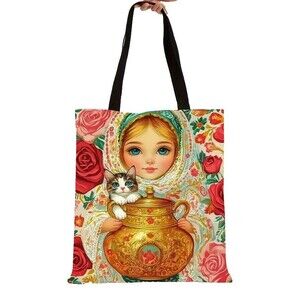 Russian Girl Cat Gold Jar Tote Shoulder Bag Doll Print Canvas Folk Art Gift NEW